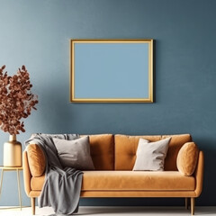 A gold frame lying on a beige sofa with a blue wall  
