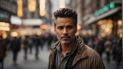 In the heart of the city's daytime activity, a charismatic and impeccably groomed man stands with confidence, the vibrant street scene surrounding him creating a striking contrast to his sharp style