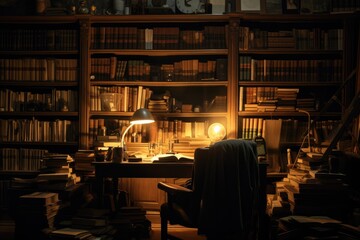 A cozy dimly lit study with a leather armchair, surrounded by towering bookshelves filled with vintage books. Soft warm light from a desk lamp, Generative AI