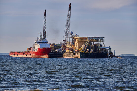 Lubmin, MV, Germany - September 14 2023: pipeline installation vessel Castoro 10 off the coast of Lubmin laying a new gas pipeline between Mukran and Lubmin for LNG to replace Nordstream, Germany,