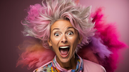 Humorous mid-aged woman with mussed hair scratching head in puzzlement after a fun explosion, amidst pastel studio background. Captivating, expressive and quirky.