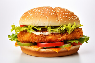 chicken burger on seeded bum isolated on white 