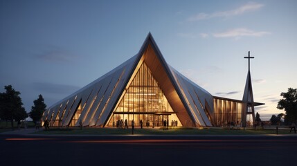 Christian architecture. Front view of a modern church in the evening light. 