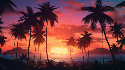 Fototapeta na wymiar sunset over the ocean with silhouette palm trees 
