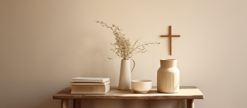 Christian home interior. Wooden table with books, vase with dried flowers and cross on the wall