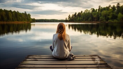 peaceful alone woman female traveller sit casual relax on wooden deck at the end of deck with stunning reflecting lake with beautiful day nature travel concept