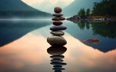 Zen Stones Stacked Equilibrium Reflections on Water Lake Landscape