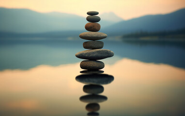 Zen Stones Stacked Equilibrium Reflections on Water Lake Landscape