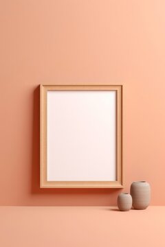 A horizontal frame mockup on a light peach background with a textured wooden board. AI generated