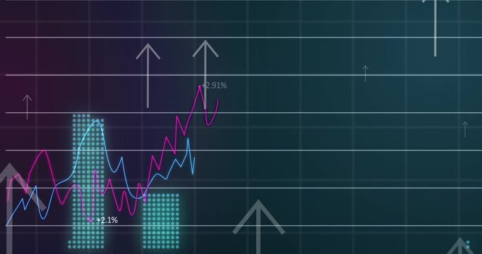 Animation of up arrows with multiple graphs and changing numbers over black background