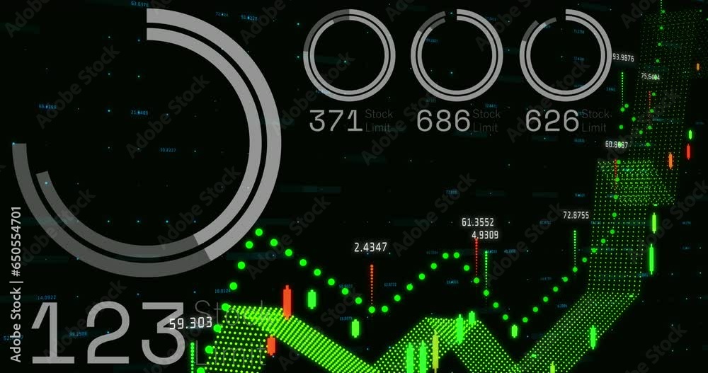 Poster animation of changing numbers with loading circles over graphs over black background