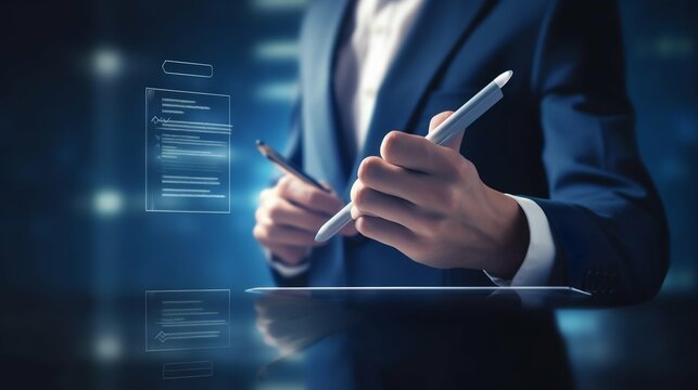 Businessman Monitoring Performance via Online Survey and Digital Checklist. Generative ai