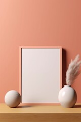 Fototapeta na wymiar A horizontal frame mockup on a light peach background with a textured wooden board. AI generated