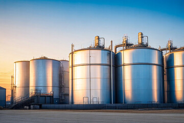 Obraz premium Große storage tanks und Silos die benutzt weden um rohes material aufzubewahren. Fässer stehen drausen mit Sonnenuntergang und schönem Himmel