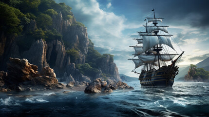 Naklejka premium Vessel sea pirate sailboat water ocean illustration ship nautical boat transportation old