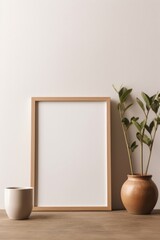 A horizontal frame mockup on a light background with a wooden board. AI generated