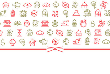 2024年辰年のシンプルおしゃれなお正月の余白・コピースペースのある水引と縁起物アイコンデザインパターンフレーム年賀状_横