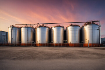 Obraz premium Große storage tanks und Silos die benutzt weden um rohes material aufzubewahren. Fässer stehen drausen mit Sonnenuntergang und schönem Himmel