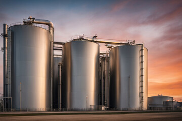 Obraz premium Große storage tanks und Silos die benutzt weden um rohes material aufzubewahren. Fässer stehen drausen mit Sonnenuntergang und schönem Himmel