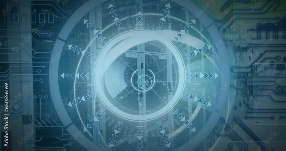 Poster animation of arrow and 5g text in loading circles, circuit board pattern over data server room