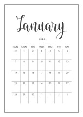 Vector Calendar Planner for January 2024. Handwritten lettering. Week Starts Sunday. Stationery Design for Printable. Objects Isolated on White Background.