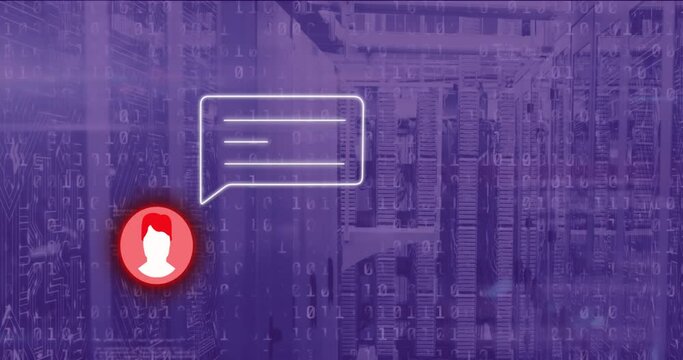 Animation of profile icons, message box, binary codes and compute language over data server systems
