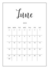 Vector Calendar Planner for June 2024. Handwritten lettering. Week Starts Sunday. Stationery Design for Printable. Objects Isolated on White Background.