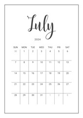 Vector Calendar Planner for July 2024. Handwritten lettering. Week Starts Sunday. Stationery Design for Printable. Objects Isolated on White Background.