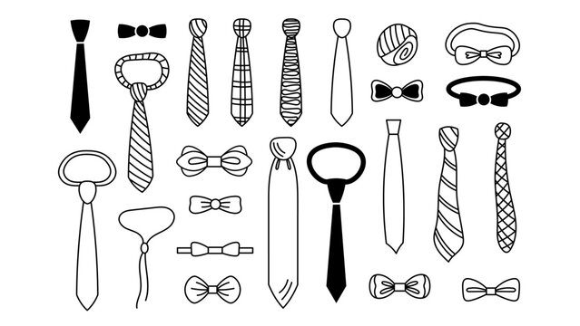 Bow tie and necktie doodle set. Black line art collection of collar ribbons. Man fashion accessory design. Vector illustration
