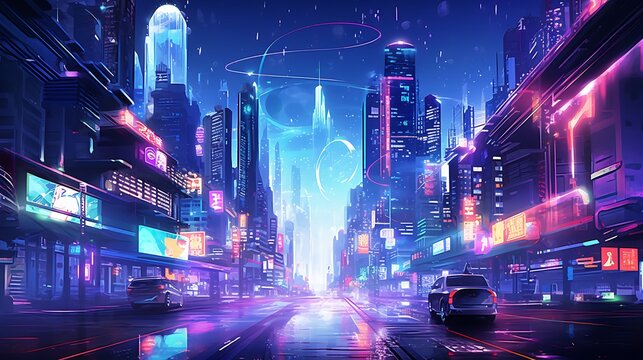 Cyberpunk streets illustration, futuristic city, dystopic artwork at night, 4k wallpaper cyberpunk style. futuristic cyberpunk, neon lights, digital illustration