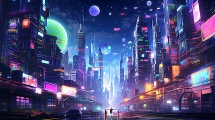 Cyberpunk streets illustration, futuristic city, dystopic artwork at night, 4k wallpaper cyberpunk style. futuristic cyberpunk, neon lights, digital illustration - obrazy, fototapety, plakaty