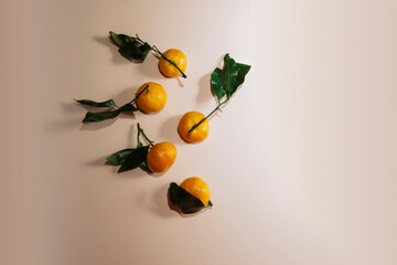 Orange tangerines with green leaves, scattered on a beige background. Clementine, mandarin. Top view. Flat lay