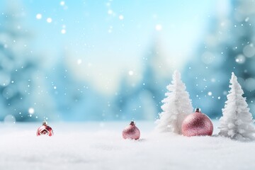 Festive Christmas scene with decor in snow over blurred bokeh background and copy space for your xmas greetings.