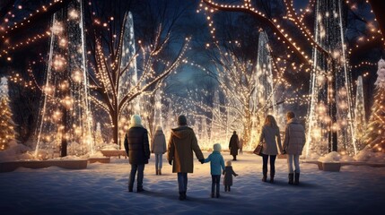 Family, parents and children in a beautiful winter garden with Christmas lights on the trees in the...