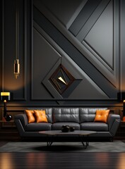 Interior design of cozy and sleek living room with stylish sofa, coffee table, flowers in vase, texture wall, fabulous finishings and natural light