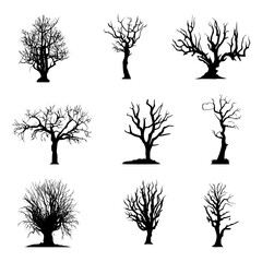 set of dead tree silhouettes on isolated background
