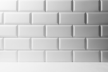 Obraz premium Soft light white abstract scene grey gradient of white glossy ceramic rectangle tiles on wall, wood floor mockup. Abstract interior of bathroom, kitchen, spa salon or scene for presentation, design.