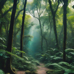 Obraz premium The deep jungle landscape captivates with its lush greenery, a symphony of vibrant flora and fauna, and an enigmatic, untouched wilderness.