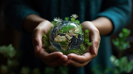 The hands holding the Earth, symbolic of reuse reduce recycle and refuse in the Zero waste concept and care, saving and renewable for the environment sustainability. save globe earth concept 
