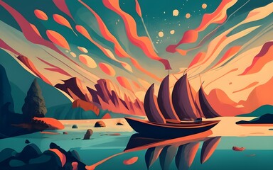 boat on the sea wallpaper artwork inspired by the look of oil painting on canvas