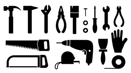 Home Repair Tools Icons. Set of instruments for repairman, building, construction and maintenance. Black silhouette vector illustration.
