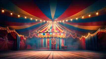 Colorful multi colored circus tent background and twinkling lights with space for copy. - obrazy, fototapety, plakaty