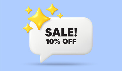 Sale 10 percent off discount. 3d speech bubble banner with stars. Promotion price offer sign. Retail badge symbol. Sale chat speech message. 3d offer talk box. Vector - obrazy, fototapety, plakaty