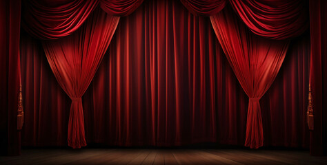 Stage backdrop and red curtains in theatre background with space for copy. - obrazy, fototapety, plakaty