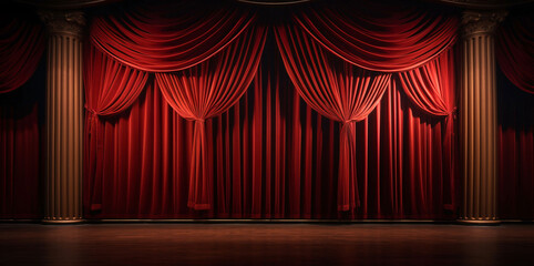 Stage backdrop and red curtains in theatre background with space for copy. - obrazy, fototapety, plakaty