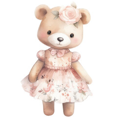 Cute Teddy bear girl in a pink dress with flowers, pretty toy character, watercolor illustration isolated with a transparent background, baby invitation template design