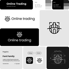 Monochromatic business logo with brand name for online trading branding. Bridge and shield icon. Design element. Visual identity. Template with poppins font. Suitable for trading, stock, investment.