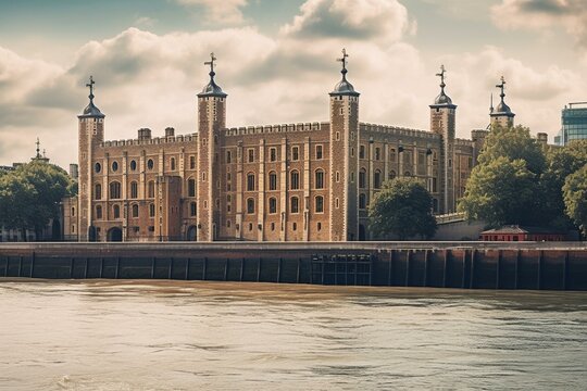 Iconic castle and former prison on the River Thames in London, now a museum with a fortified complex. Generative AI