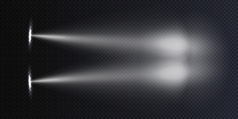 Car headlight top view concept isolated on a dark, transparent background. White flares of car lights have a realistic effect on a nighttime road top view vector illustration. © Konstantin