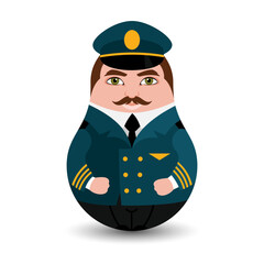 The conductor of the car. A man in a uniform and a cap checks train tickets. Design tilting toy. Modern kawaii dolls for your business project. Flat vector.